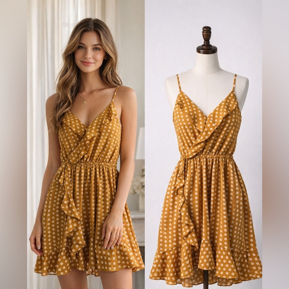 IBISS Mustard Polka Dot Ruffle Wrap Mini Dress women - SIZE S